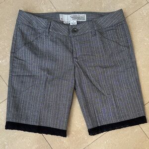 Guess Women's Gray Pinstripe Flat-Front Shorts with Black Hem Lace